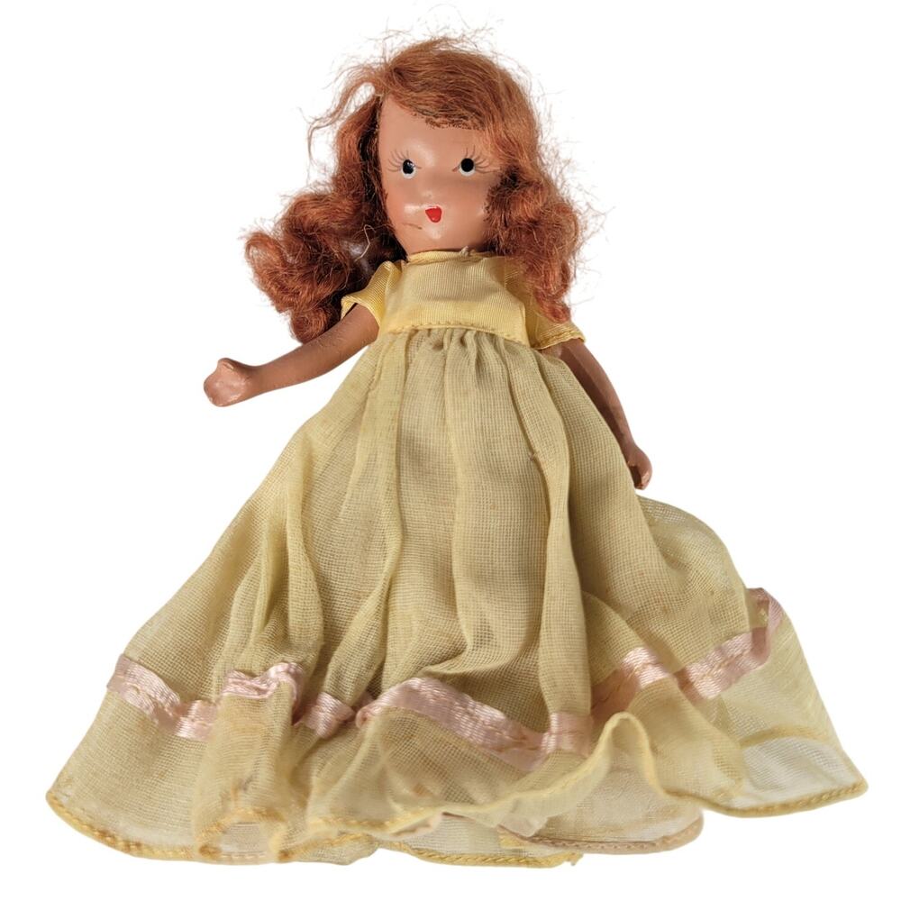 Vintage 6” Redhead Doll Yellow Gown Pink Ribbon Accents Collectible
